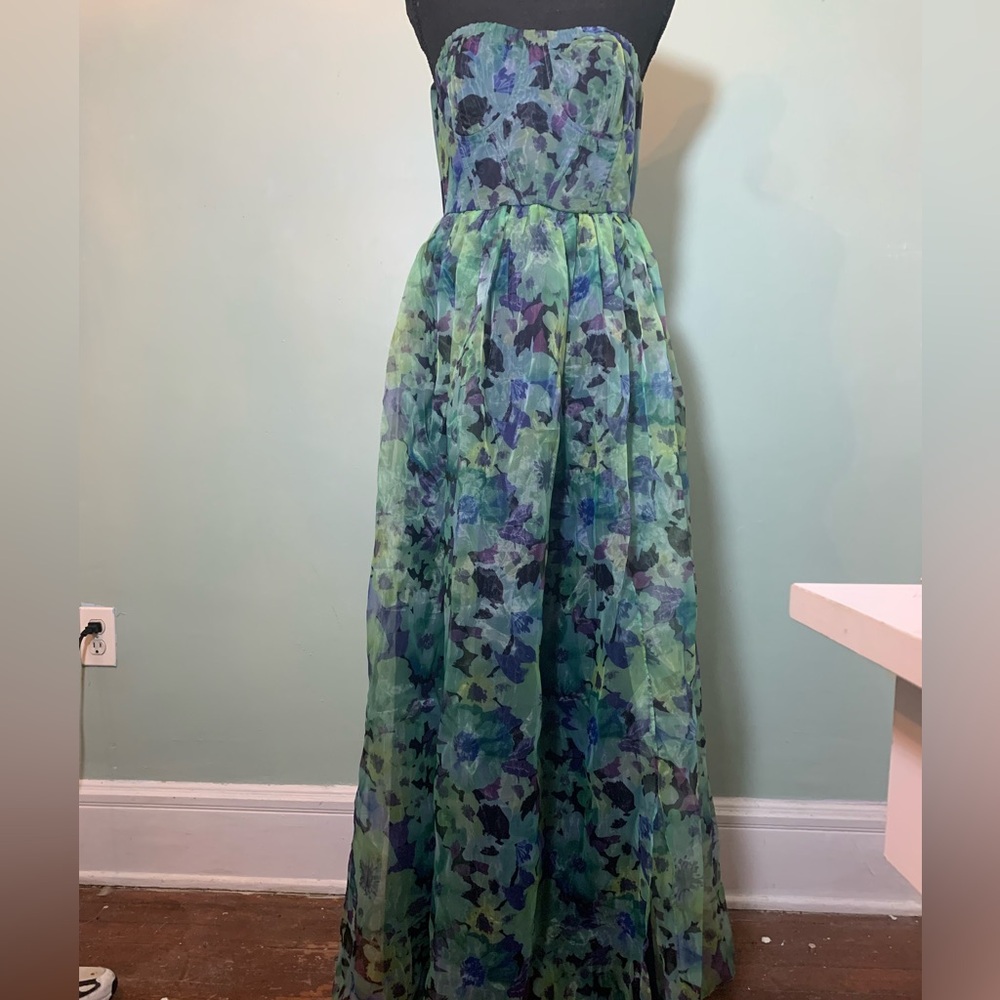 Wonderful Waltz Green Floral Print Strapless Bustier Maxi Dress